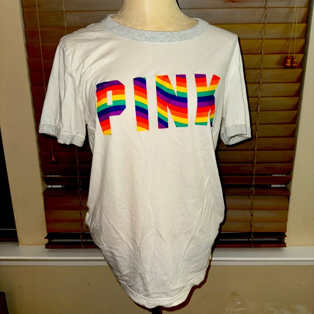Victoria Secret PINk White T-Shirt with Rainbow PINK Logo